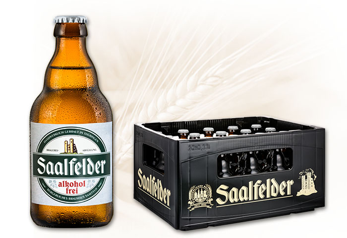 Saalfelder Alkoholfrei in der 0.33l-Steinie-Flasche und schwarzer Bierkasten