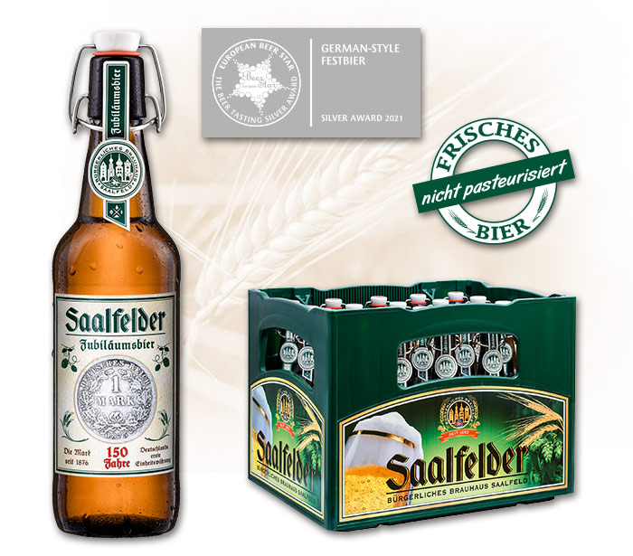Saalfelder Jubiläumsbier anlässlich "150 Jahre Deutsche Einheitswährung"